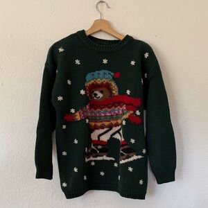 Lizsport Cotton Wool Blend Skating Bear Sweater in Green Sz M w/ Shoulder Pads